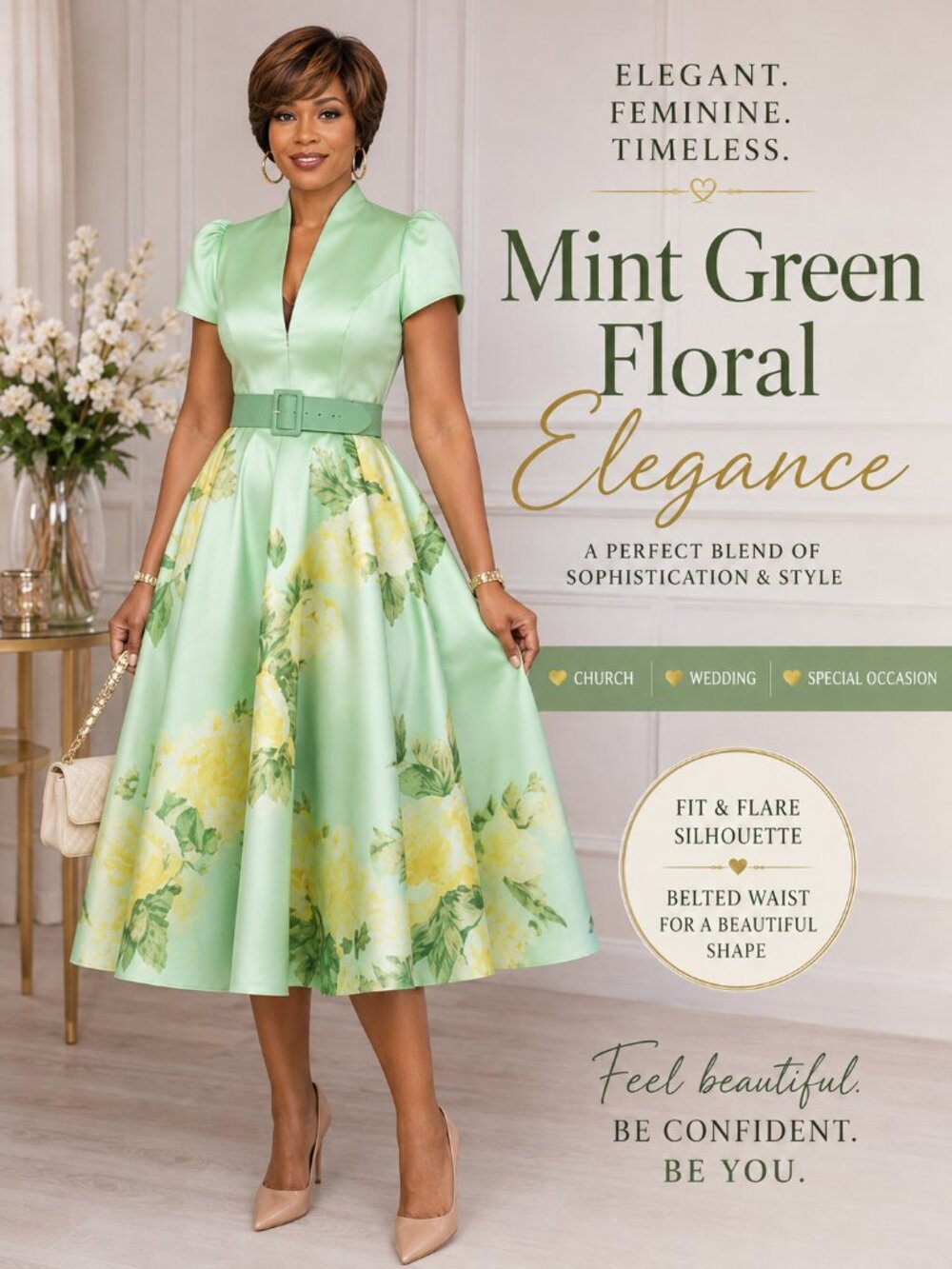 Mint Green Yellow Floral Belted Fit & Flare Midi Dress Elegant Church Wedding